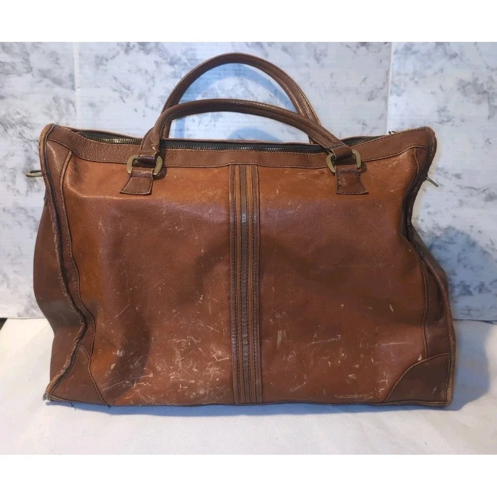 Vintage LAND Brand Brown Leather Duffel Overnight Briefcase Bag 18